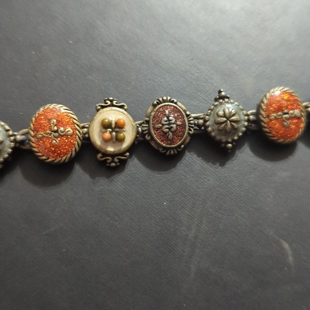Vintage Gold Tone Orange Cream Enamel Sparkle Magnetic Clasp Statement Bracelet - Picture 3 of 6